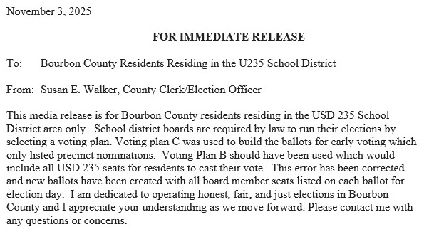 November 3, 2025 press release from County Clerk Susan Walker regarding the USD 235 ballot correction