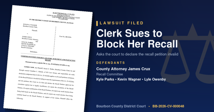 Lawsuit filed: Clerk sues to block her recall. Defendants: County Attorney James Crux and the Recall Committee (Kyle Parks, Kevin Wagner, Lyle Owenby). Bourbon County District Court, case BB-2026-CV-000048.