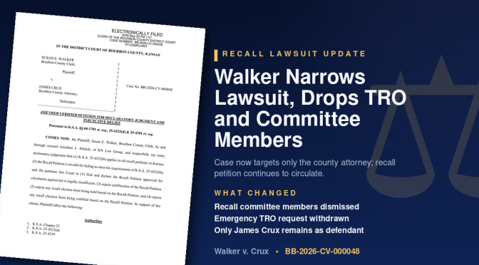 Recall Lawsuit Update — Walker Narrows Lawsuit, Drops TRO and Committee Members. Case now targets only the county attorney; recall petition continues to circulate. Walker v. Crux, BB-2026-CV-000048.