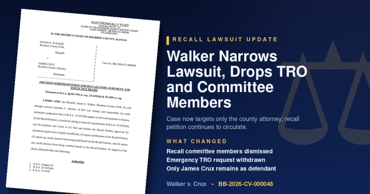 Recall Lawsuit Update — Walker Narrows Lawsuit, Drops TRO and Committee Members. Case now targets only the county attorney; recall petition continues to circulate. Walker v. Crux, BB-2026-CV-000048.