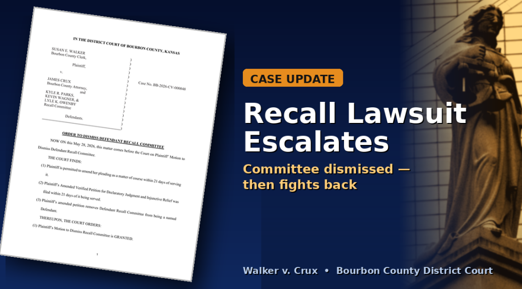 Court order dismissing the recall committee in Walker v. Crux, with a Lady Justice statue. Case update: recall lawsuit escalates.