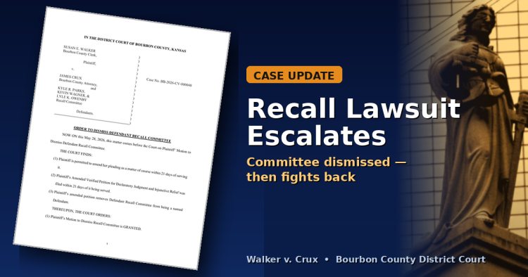Court order dismissing the recall committee in Walker v. Crux, with a Lady Justice statue. Case update: recall lawsuit escalates.