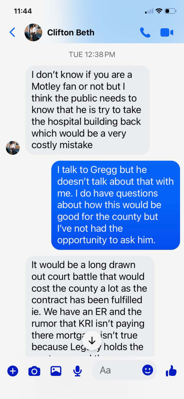 Facebook message from Clifton Beth to Anne Dare, March 16, 2026 (1 of 2)