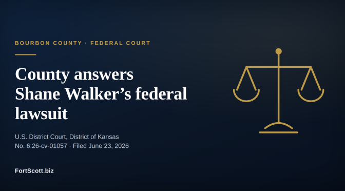 Scales of justice over a navy background with the headline: County answers Shane Walker’s federal lawsuit, U.S. District Court, District of Kansas.
