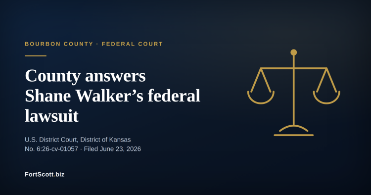 Scales of justice over a navy background with the headline: County answers Shane Walker’s federal lawsuit, U.S. District Court, District of Kansas.