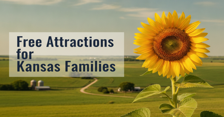 Sunflower in a Kansas field with the text Free Attractions for Kansas Families