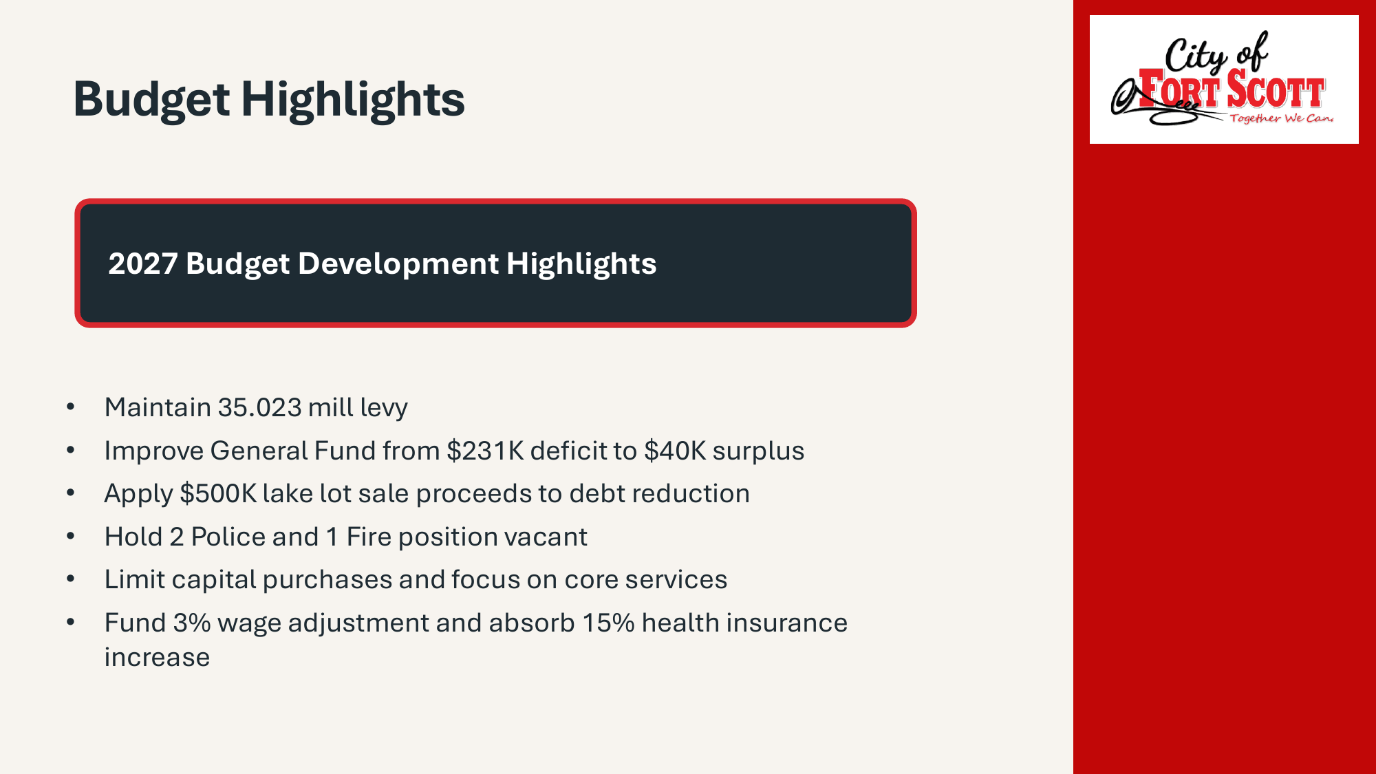 City of Fort Scott Budget Highlights slide listing 2027 budget development highlights: maintain 35.023 mill levy; improve General Fund from a 231 thousand dollar deficit to a 40 thousand dollar surplus; apply 500 thousand dollars of lake lot sale proceeds to debt reduction; hold 2 police and 1 fire position vacant; limit capital purchases and focus on core services; fund a 3 percent wage adjustment and absorb a 15 percent health insurance increase.