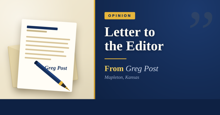 Letter to the Editor from Greg Post