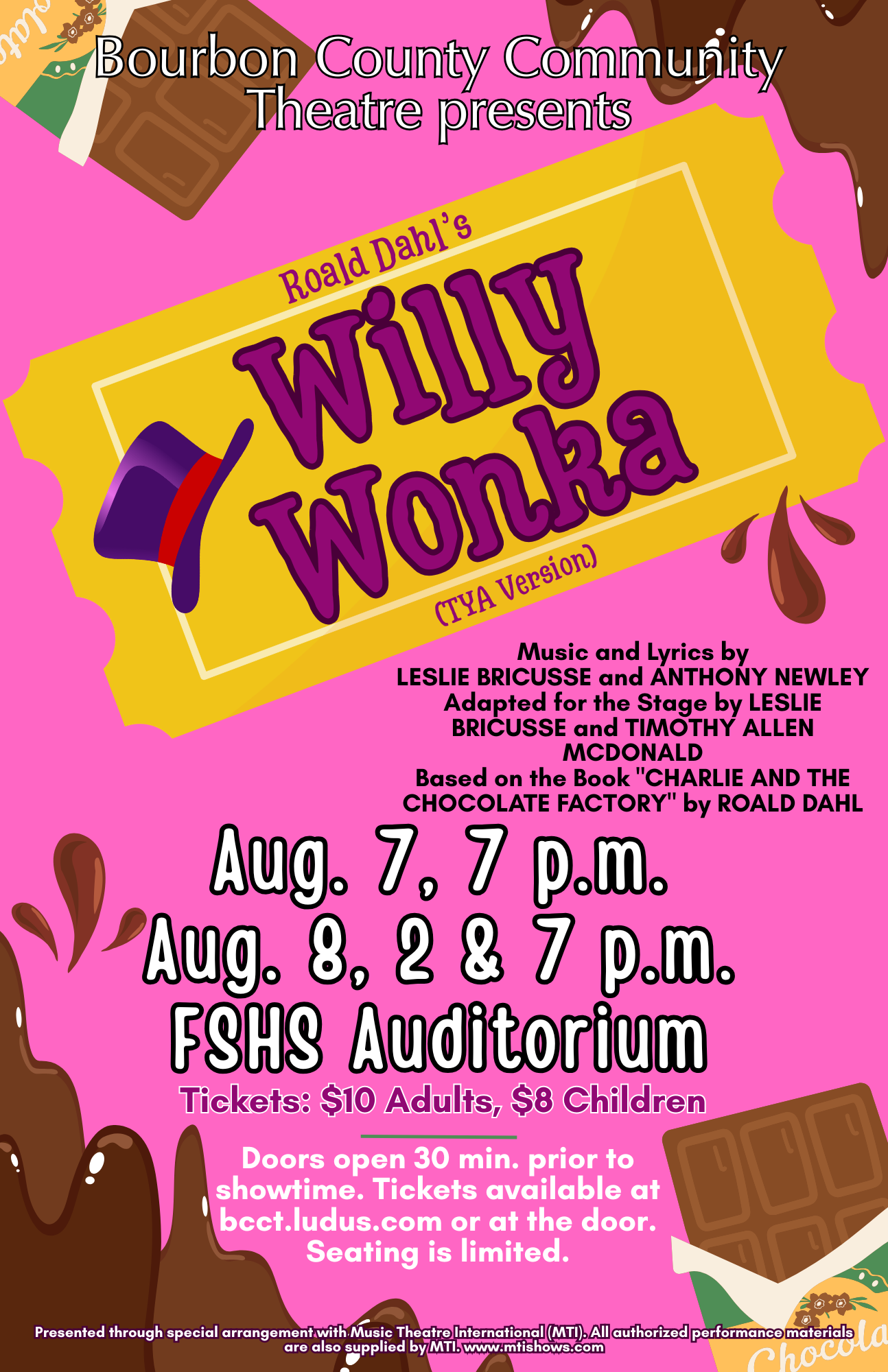 Bourbon County Community Theatre presents Roald Dahl's Willy Wonka TYA — Aug. 7 & 8 at FSHS Auditorium