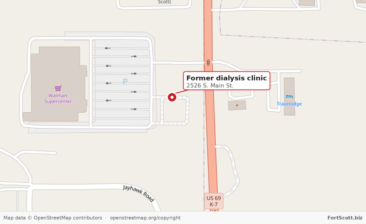 Map showing 2526 S. Main between the Walmart Supercenter parking lot and South Main Street in Fort Scott