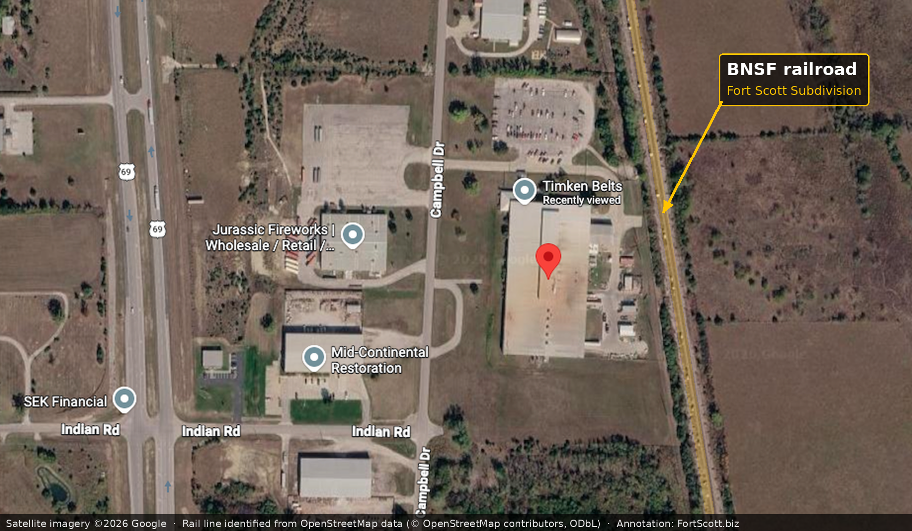 Satellite view of the Fort Scott Industrial Park with the BNSF railroad running north to south along the east edge