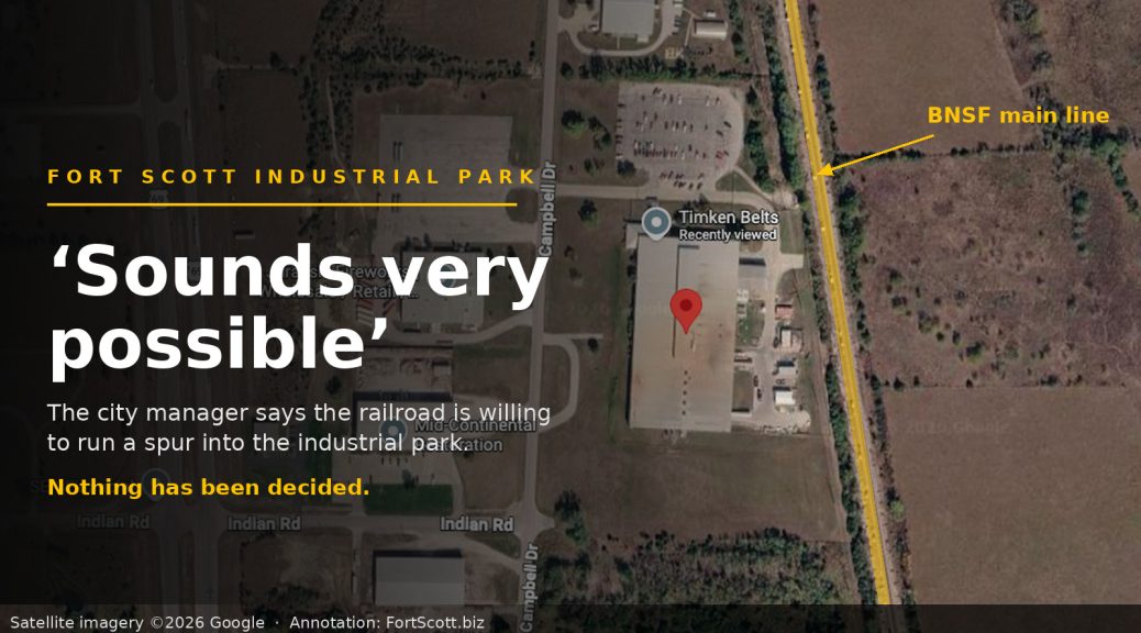 Aerial view of the former Timken Belts plant on Campbell Drive with the BNSF main line labeled to the east