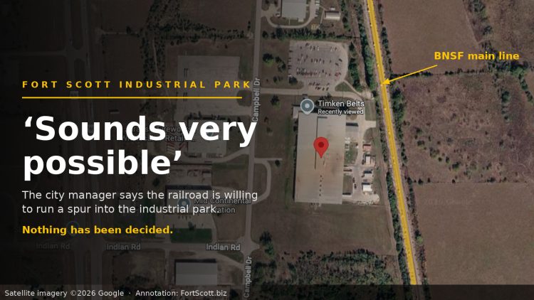 Aerial view of the former Timken Belts plant on Campbell Drive with the BNSF main line labeled to the east