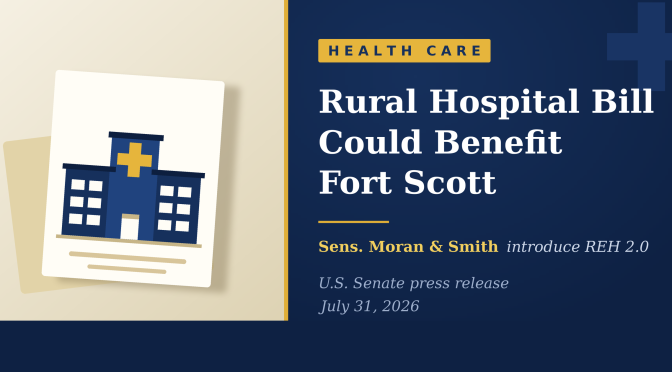 Illustration of a small rural hospital building with a gold medical cross, beside the words "Rural Hospital Bill Could Benefit Fort Scott" on a navy and gold card.