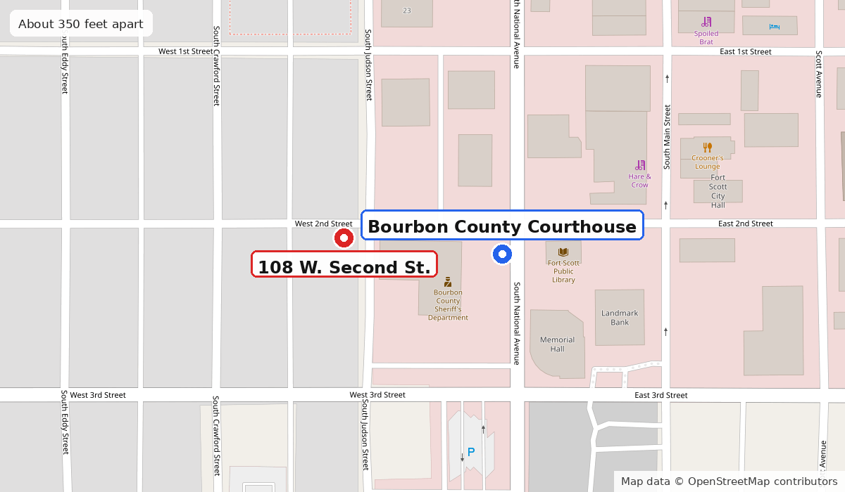 Map of downtown Fort Scott showing 108 W. Second St. and the Bourbon County Courthouse about 350 feet apart on West Second Street.