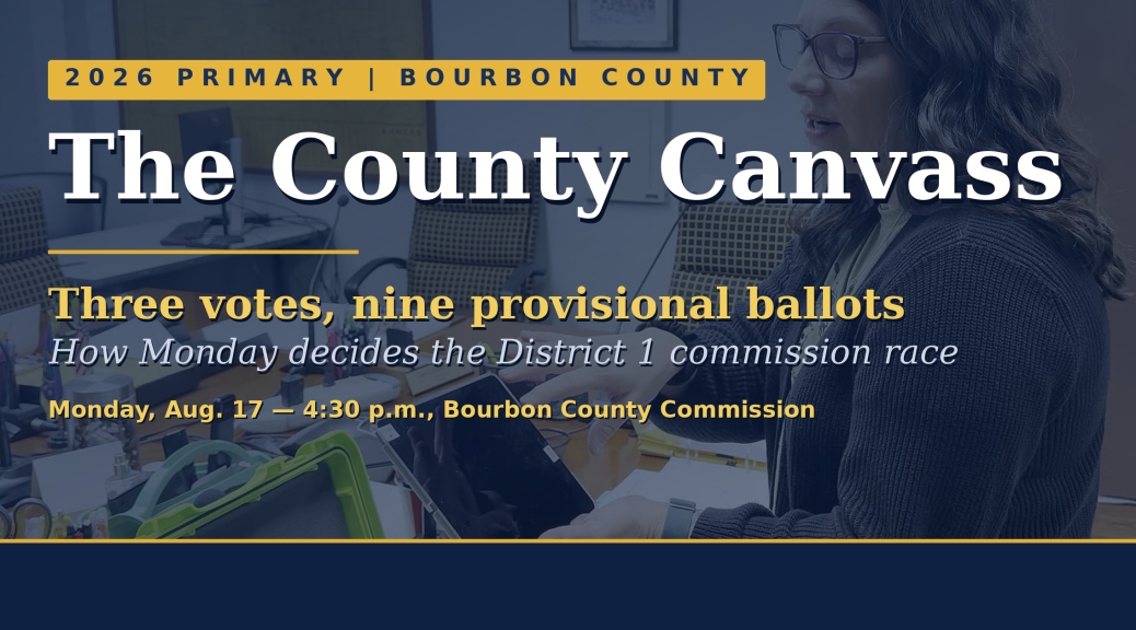 Bourbon County Clerk Susan Walker demonstrates an electronic poll pad, with the headline The County Canvass: three votes, nine provisional ballots.