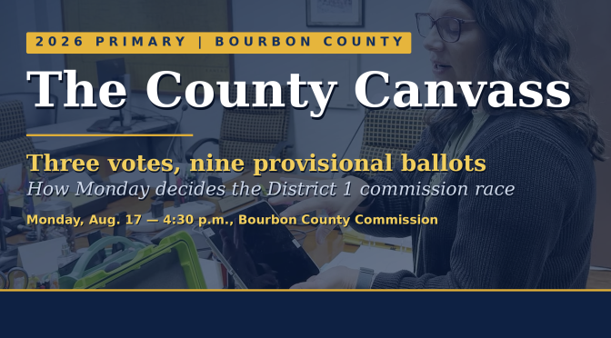 Bourbon County Clerk Susan Walker demonstrates an electronic poll pad, with the headline The County Canvass: three votes, nine provisional ballots.