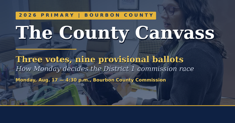 Bourbon County Clerk Susan Walker demonstrates an electronic poll pad, with the headline The County Canvass: three votes, nine provisional ballots.
