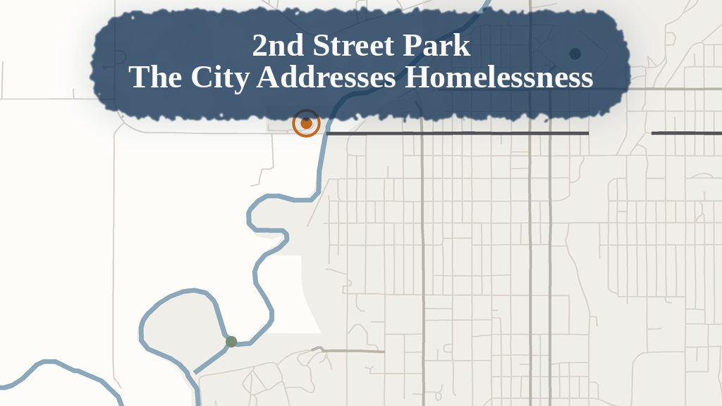 Map of Fort Scott showing 2nd Street Park on West 2nd Street just west of the Marmaton River.