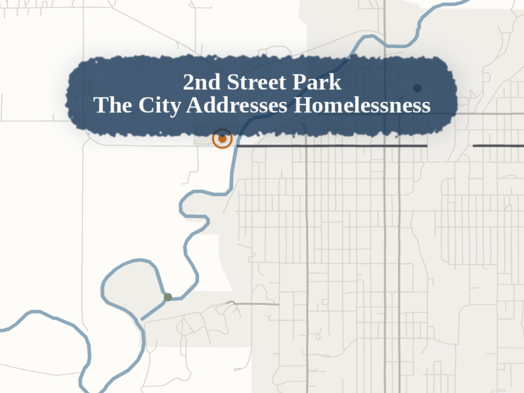 Map of Fort Scott showing 2nd Street Park on West 2nd Street just west of the Marmaton River.