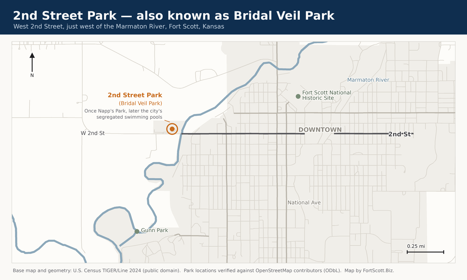 Locator map showing 2nd Street Park, also known as Bridal Veil Park, on West 2nd Street just west of the Marmaton River in Fort Scott, north of Gunn Park and west of downtown.