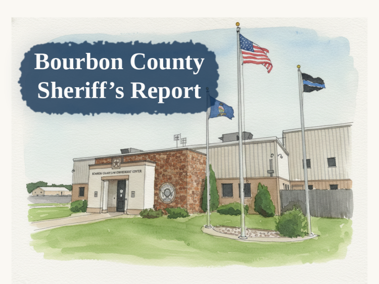 Watercolor illustration of the Bourbon County Law Enforcement Center with the words Bourbon County Sheriff s Report