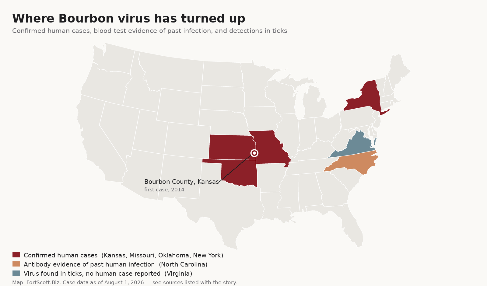 Map of states where Bourbon virus has been found.