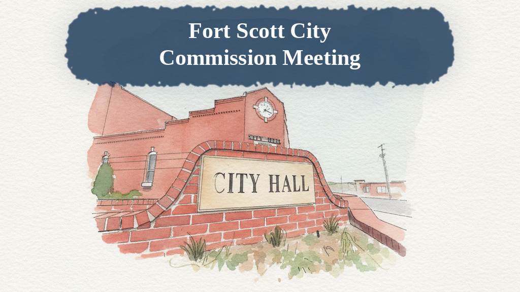 Watercolor illustration of Fort Scott City Hall with the words Fort Scott City Commission Meeting
