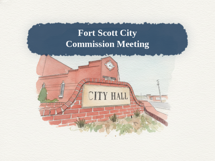 Watercolor illustration of Fort Scott City Hall with the words Fort Scott City Commission Meeting