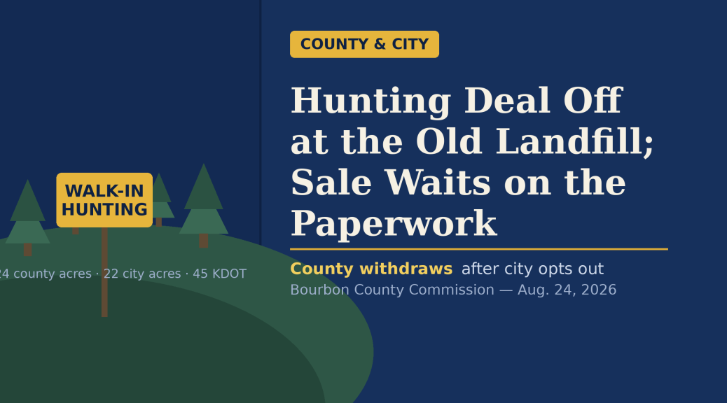 Illustration of a walk-in hunting boundary sign in a wooded field, beside the headline 'Hunting Deal Off at the Old Landfill; Sale Waits on the Paperwork'