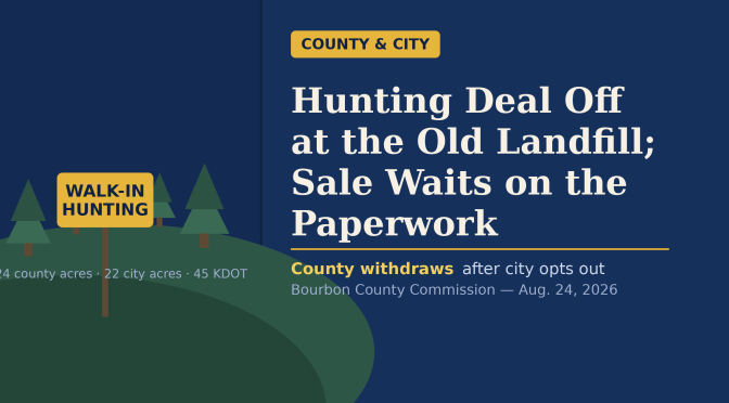 Illustration of a walk-in hunting boundary sign in a wooded field, beside the headline 'Hunting Deal Off at the Old Landfill; Sale Waits on the Paperwork'