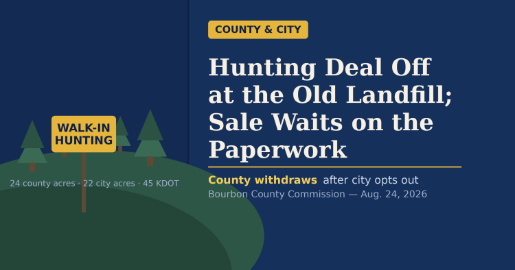 Illustration of a walk-in hunting boundary sign in a wooded field, beside the headline 'Hunting Deal Off at the Old Landfill; Sale Waits on the Paperwork'