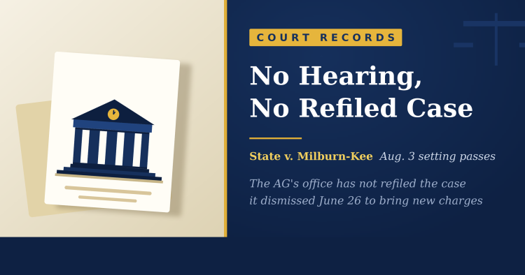 Illustration of a courthouse with a clock showing 1 o'clock, beside the headline 'No Hearing, No Refiled Case' - State v. Milburn-Kee, Aug. 3, 2026.