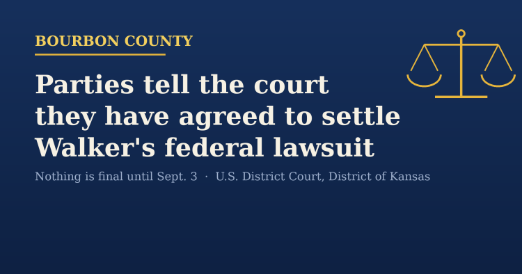 Scales of justice over a navy background with the headline: Parties tell the court they have agreed to settle Walker’s federal lawsuit. Nothing is final until Sept. 3. U.S. District Court, District of Kansas.