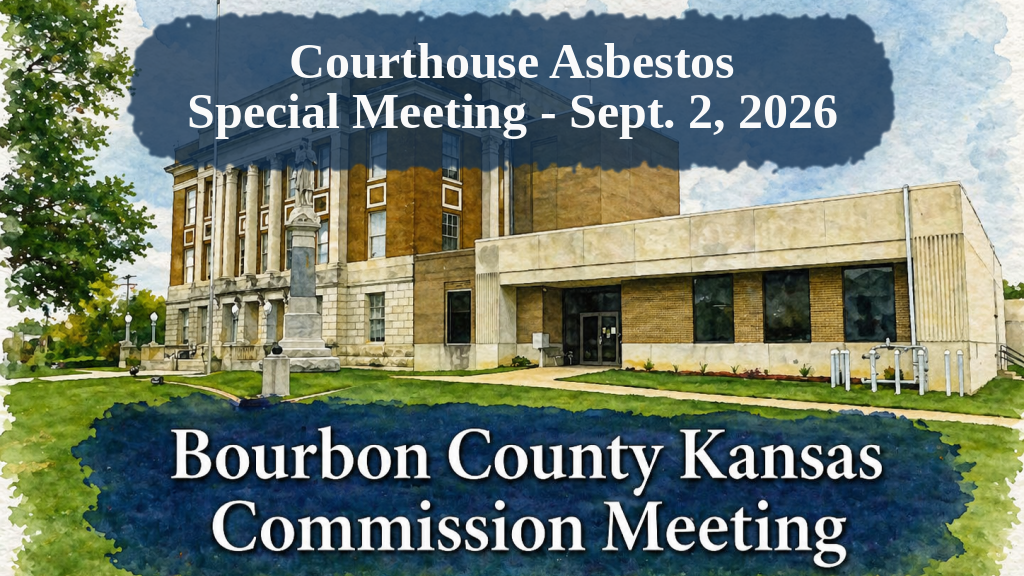 Watercolor illustration of the Bourbon County Courthouse in Fort Scott, Kansas, with a navy title band reading 'Courthouse Asbestos - Special Meeting - Sept. 2, 2026'.