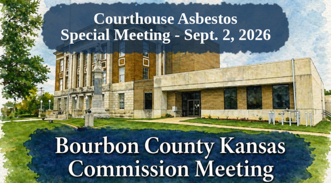 Watercolor illustration of the Bourbon County Courthouse in Fort Scott, Kansas, with a navy title band reading 'Courthouse Asbestos - Special Meeting - Sept. 2, 2026'.