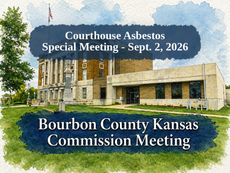 Watercolor illustration of the Bourbon County Courthouse in Fort Scott, Kansas, with a navy title band reading 'Courthouse Asbestos - Special Meeting - Sept. 2, 2026'.