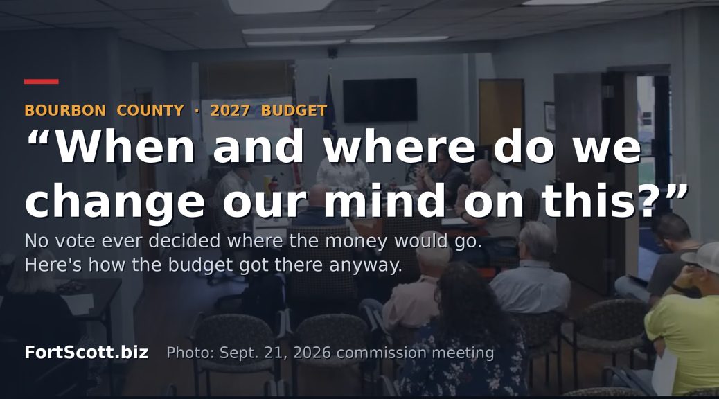 Bourbon County commissioners at the table during their Sept. 21, 2026 meeting, with the headline "When and where do we change our mind on this?"