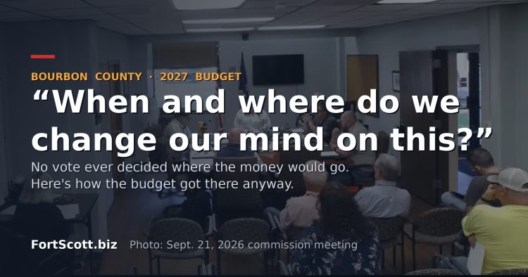 Bourbon County commissioners at the table during their Sept. 21, 2026 meeting, with the headline "When and where do we change our mind on this?"