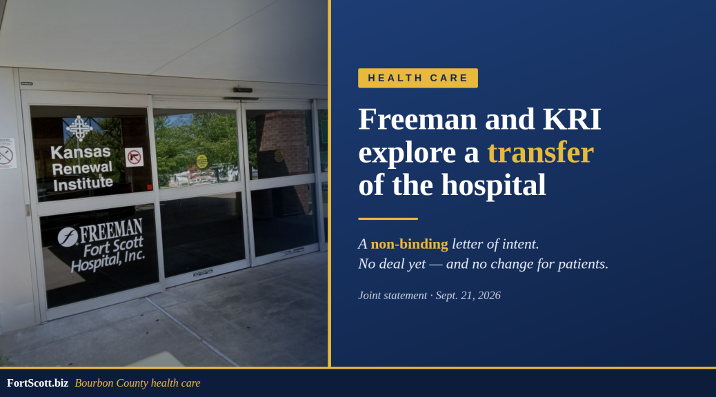 The shared entrance at 401 Woodland Hills Blvd., with decals for Kansas Renewal Institute and Freeman Fort Scott Hospital, Inc.