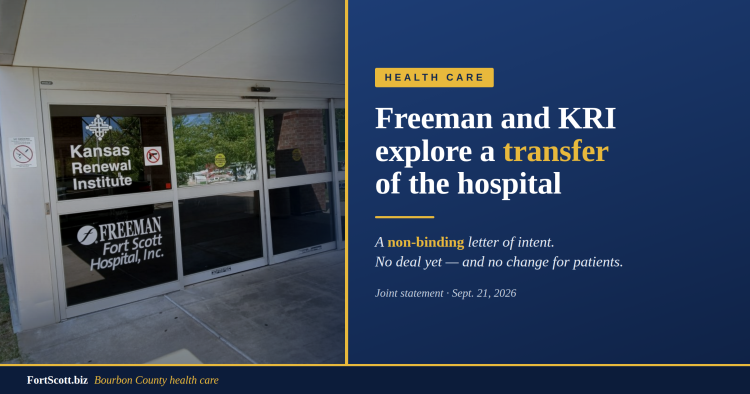 The shared entrance at 401 Woodland Hills Blvd., with decals for Kansas Renewal Institute and Freeman Fort Scott Hospital, Inc.