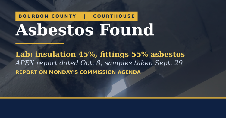 Crumbling pipe insulation in the Bourbon County Courthouse basement under the headline Asbestos Found