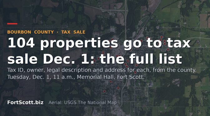 Title card over an aerial photo of Fort Scott with red dots marking tax-sale properties: 104 properties go to tax sale Dec. 1, the full list. Tuesday, Dec. 1, 11 a.m., Memorial Hall, Fort Scott.