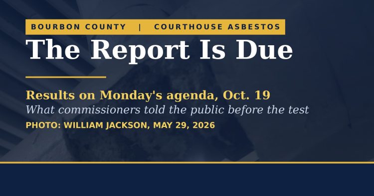 Title card reading 'The Report Is Due: Results on Monday's agenda, Oct. 19' over a dimmed photo of deteriorating pipe insulation in the Bourbon County Courthouse basement.