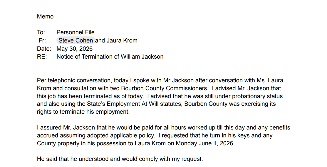 Memo dated May 30, 2026, from Steve Cohen and Laura Krom to Personnel File, Notice of Termination of William Jackson, stating Cohen spoke with Jackson after conversation with Krom and consultation with two Bourbon County Commissioners.