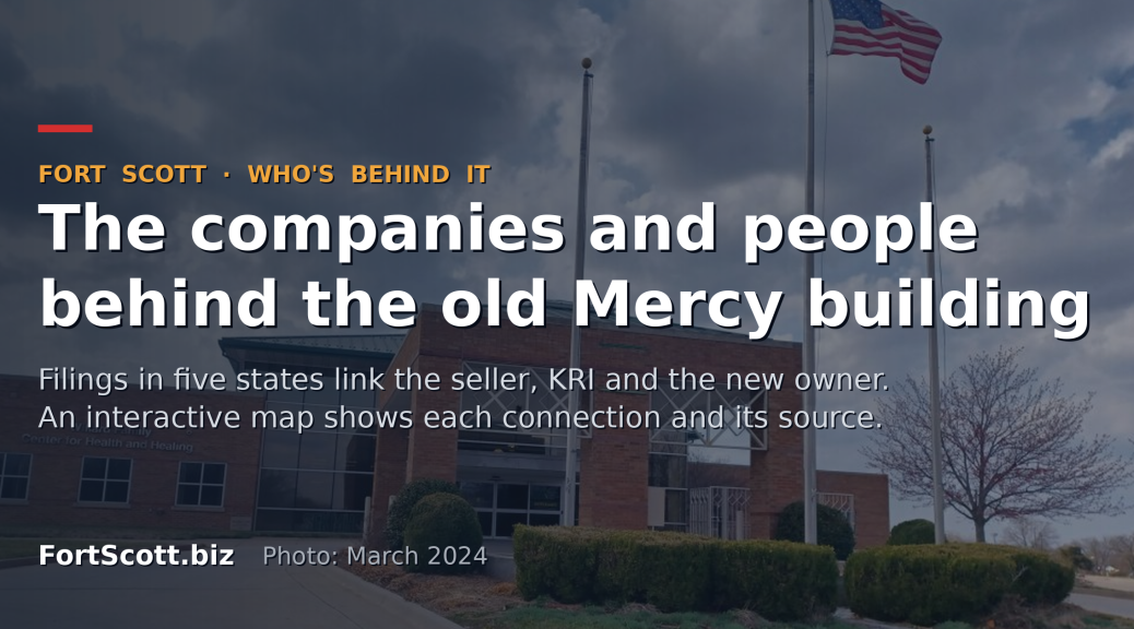 The former Mercy Hospital building in Fort Scott under a dark wash, with the headline "The companies and people behind the old Mercy building" and the note that filings in five states link the seller, KRI and the new owner, shown in an interactive map.
